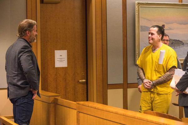 "The Alaskan Avenger" Jason Vukovich smiling at his brother after receiving a 23 year sentence. Jason used the state's sex offender registry to track down offenders, break into their homes, and beat them with a hammer. Both Jason and his brother were