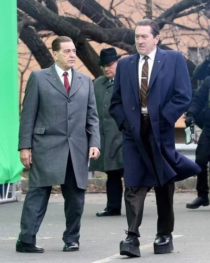 Movie fact no one asked for: In the movie The Irishman, Robert De Niro wore platform shoes to stand taller than Al Pacino on set.