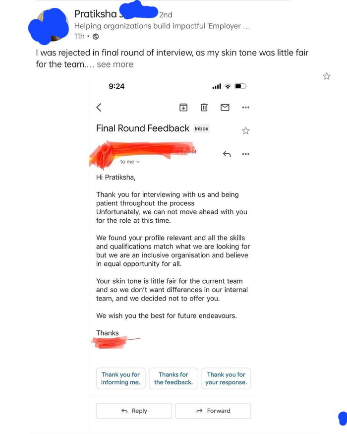 Woman rejected for job for having wrong skin tone. And they actually put it in writing