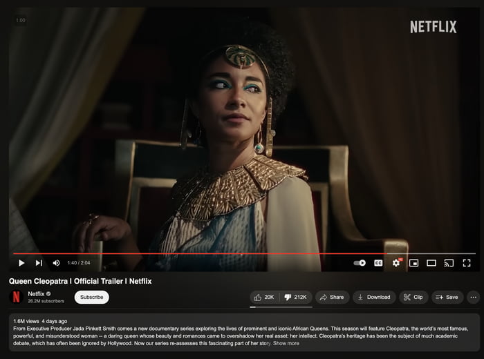 Netflix's Queen Cleopatra Official Trailer with over 200k dislikes and just 20k likes.