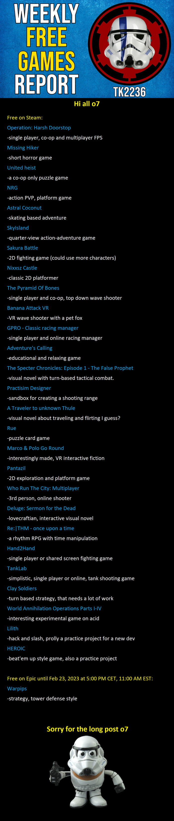 Weekly Free Games Report o7