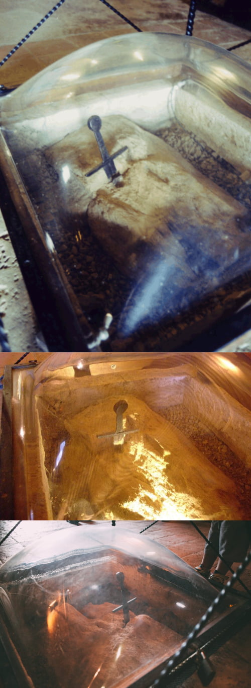 The real sword in the stone. The perspex cover makes it look like a bad render, but it is real. Many people have tried to steal it. On display at the chapel are the mummified hands of a thief who tried to remove the sword and was suddenly slaughtered