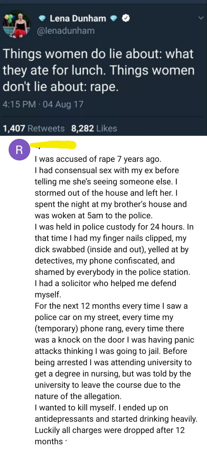 Women falsely accusing men of rape should face jail time equal to those convicted of rape. Unfortunate most of the time they go free.