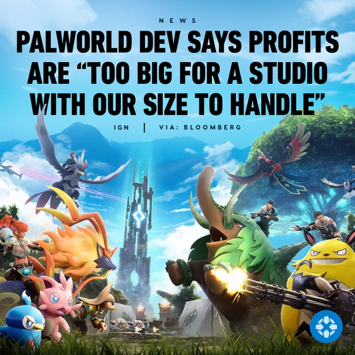 The boss of Palworld developer Pocketpair said the hit game cost less than $6.7 million to make and has generated massive profits that the small studio (currently 55 people) can't handle.