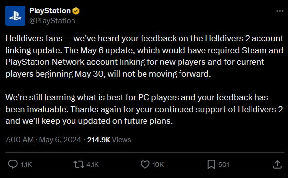 Sony officially went back on their Helldivers 2 PSN requirement