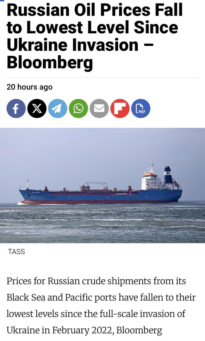 Russian revenue collapse: Russian oil prices hit a new record low since full-scale war began. Urals crude was selling for an AVERAGE of $38.28 last week in Novorossiysk, with discounts over $25 vs Brent crude. And despite that, unsold oil stored on t