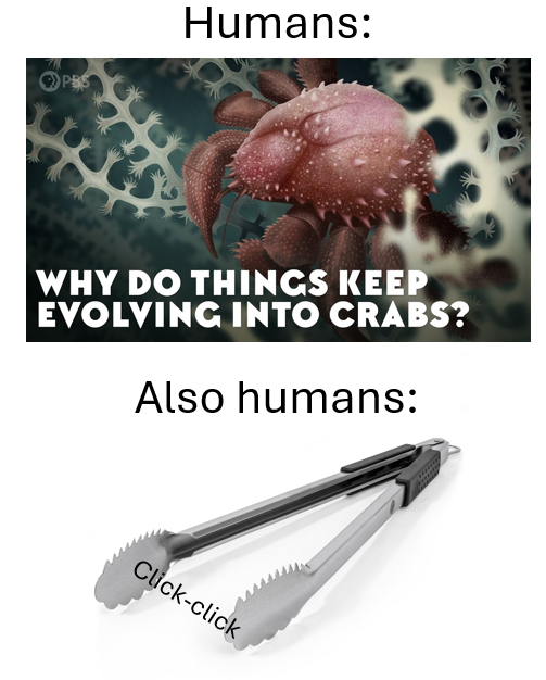 One does not simply resist clicking the tongs. Embrace carcinization.