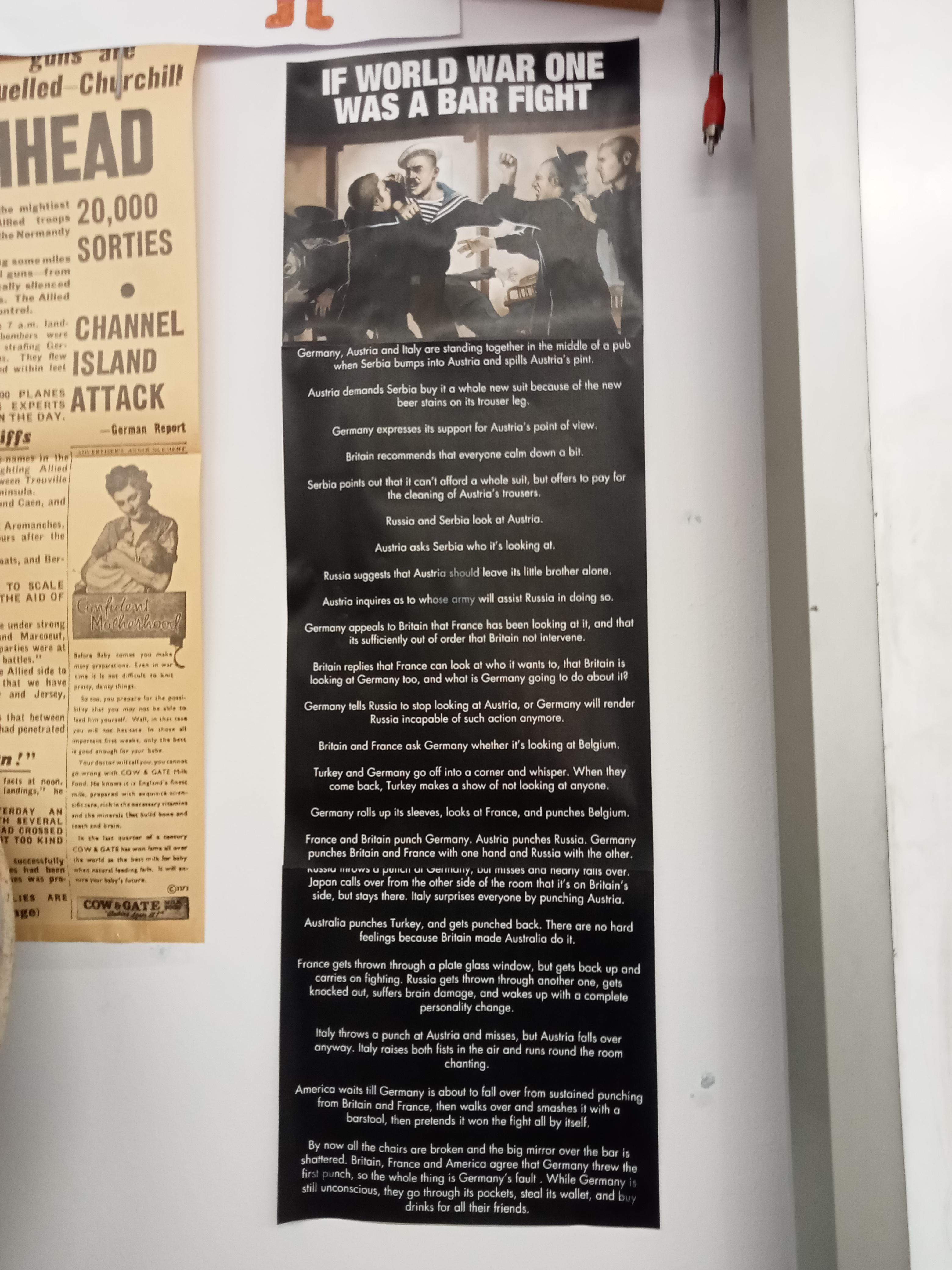 I saw this in my history classroom and decided to share it with you guys 'what if WW1 was a bar fight' its not really a meme but it is still cool