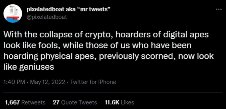 Your bored ape lost you $200,000, my bored ape ripped my arms off and ate my face