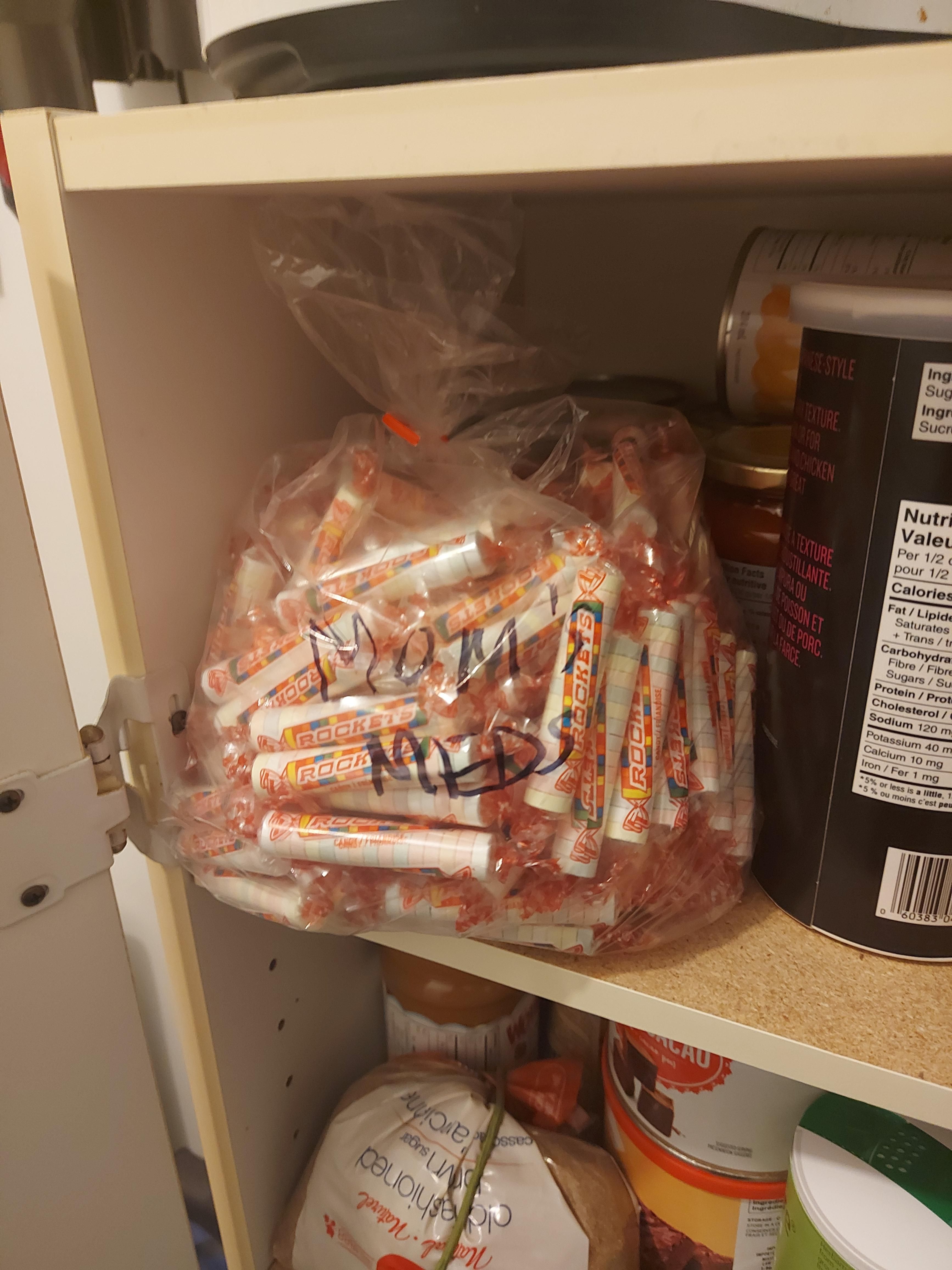 My mom is diabetic. She eats Rockets to raise her sugar levels. I come to the pantry looking for something to snack on and find this.
