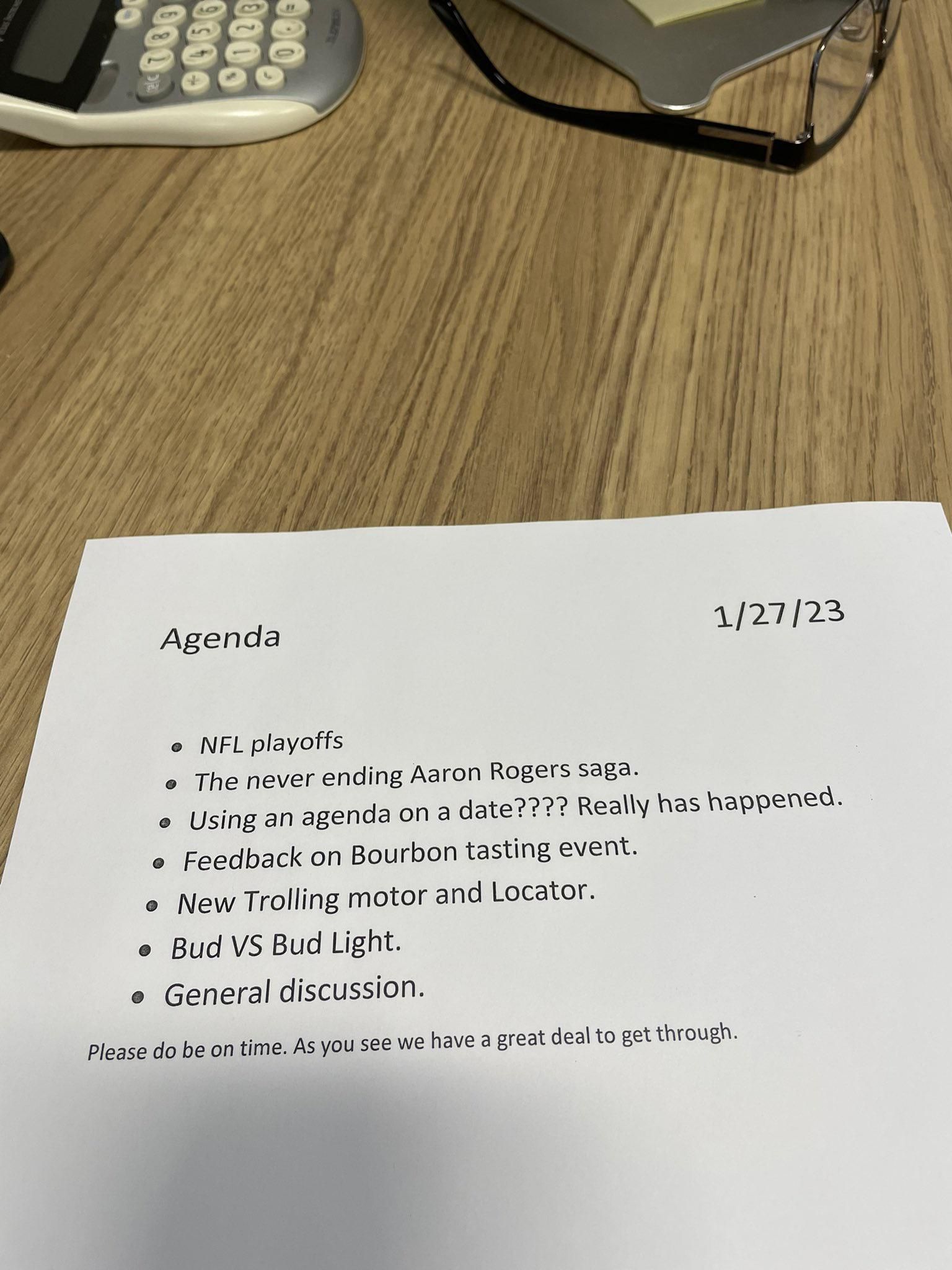 my dad goes to a bar with his friends every friday and he makes a list of discussion topics