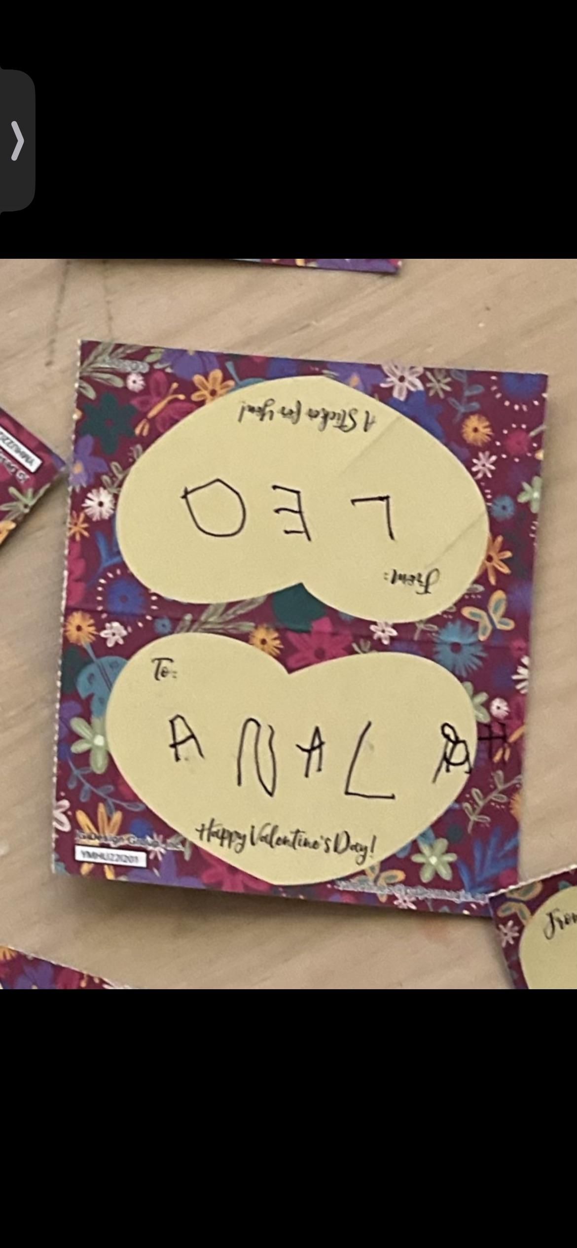 My 3 year old son's attempt at writing "Analia" a valentine