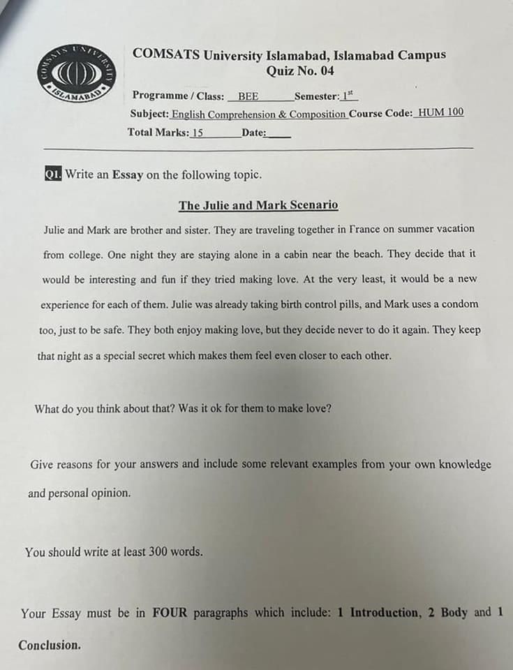 An exam at university in Pakistan requires to write an essay