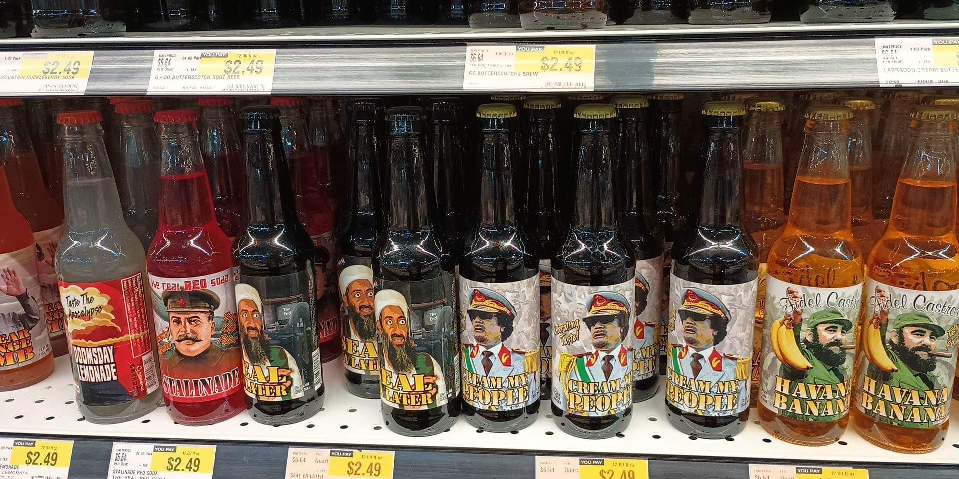A whole shelf of dictator themed soda
