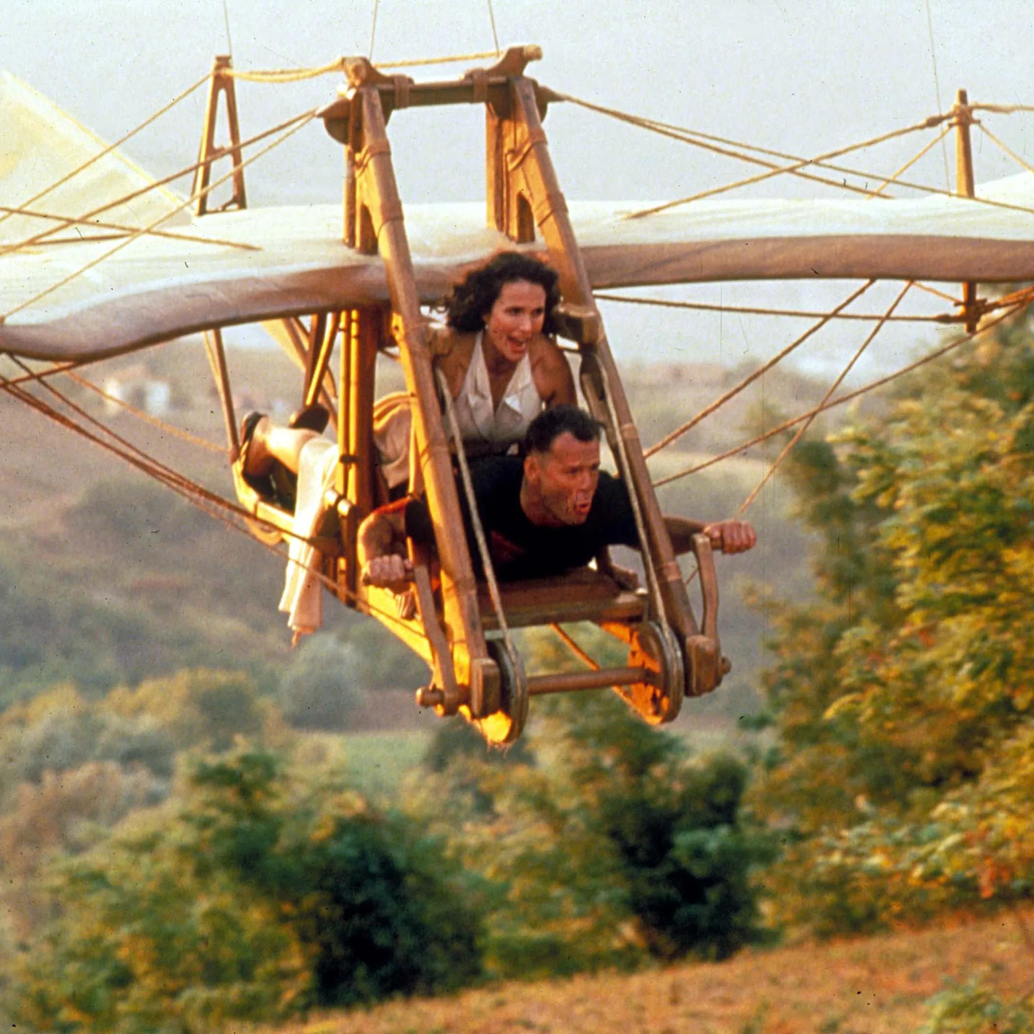 Leonardo da Vinci tests one of his designs for a flying machine, c. 1505