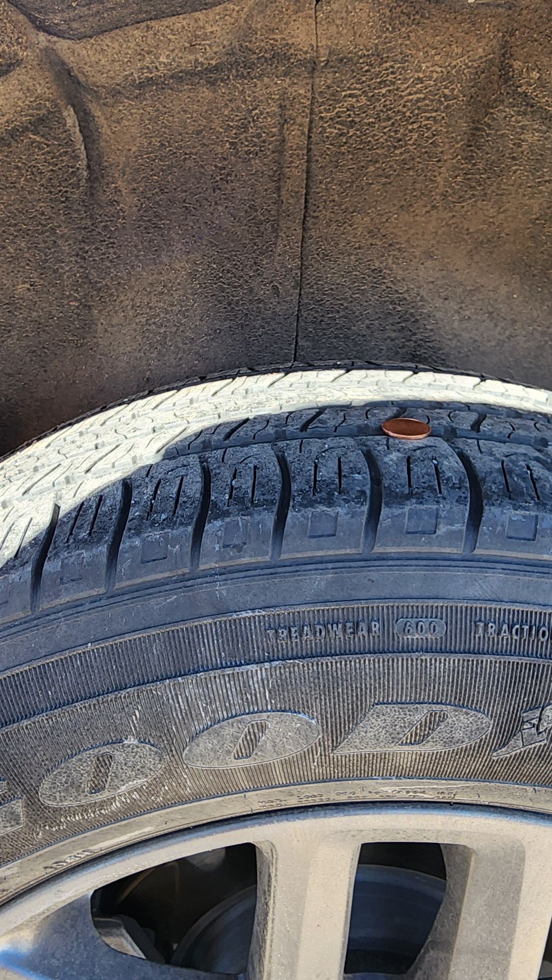 After telling my wife about the penny trick to tell how much tread is left, I asked her to send me a picture of it, and she sent me this…