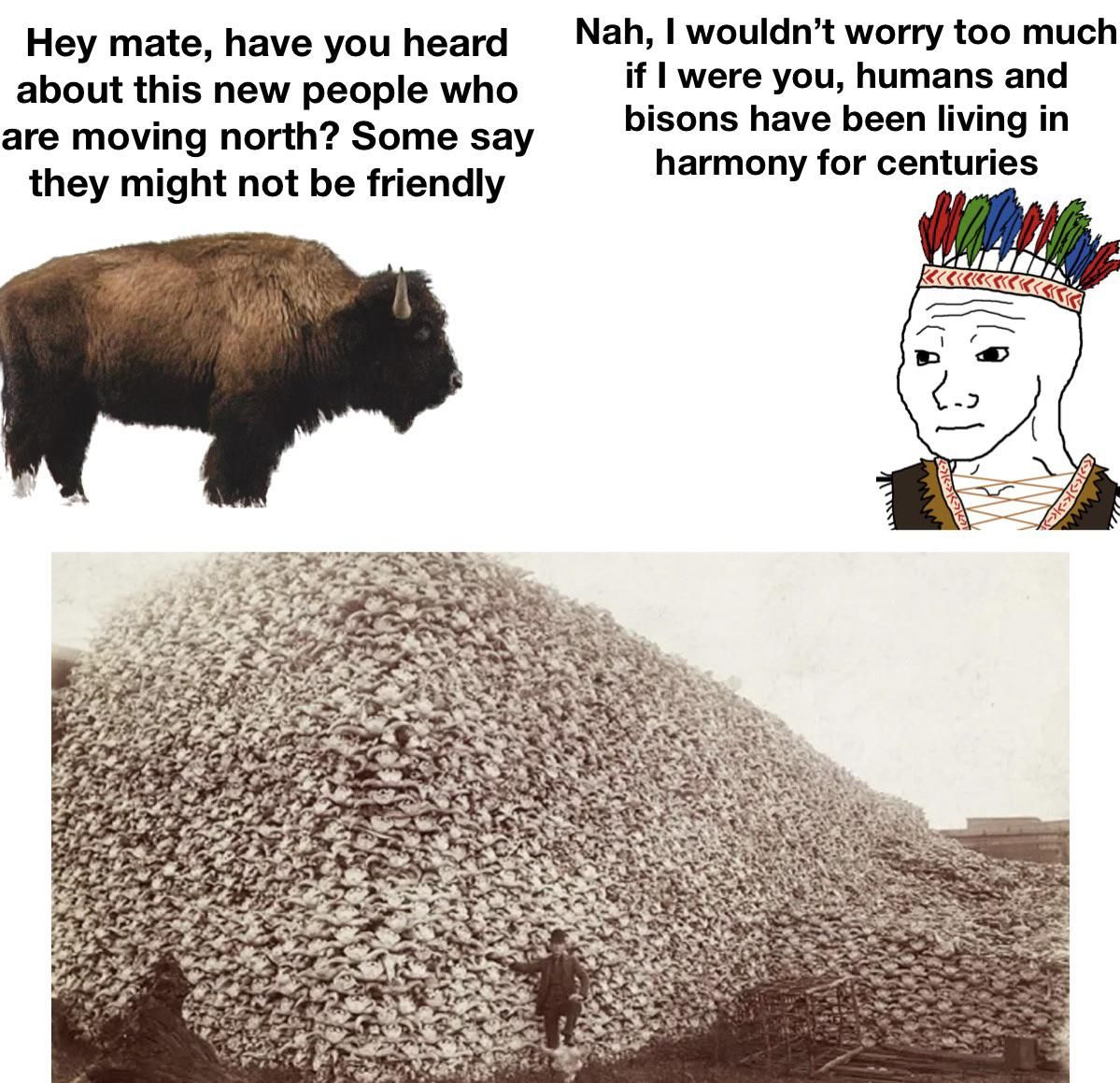 If you can’t tell the guy in the pic is leaning on a pile of bisons skulls
