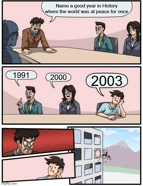 Name at least one Year before 2003 that had no conflicts/wars in the world. It's going to be a hard one.