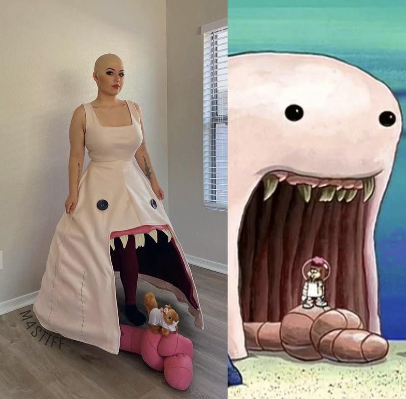 Woman cosplays as the Alaskan Bull Worm from Spongebob Squarepants.