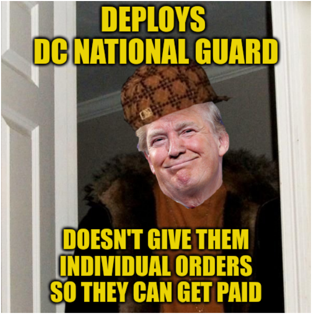 Donnie, famous for never paying his bills, deployed the DC National Guard 10 days ago and has yet to them individual orders. No orders, no pay.