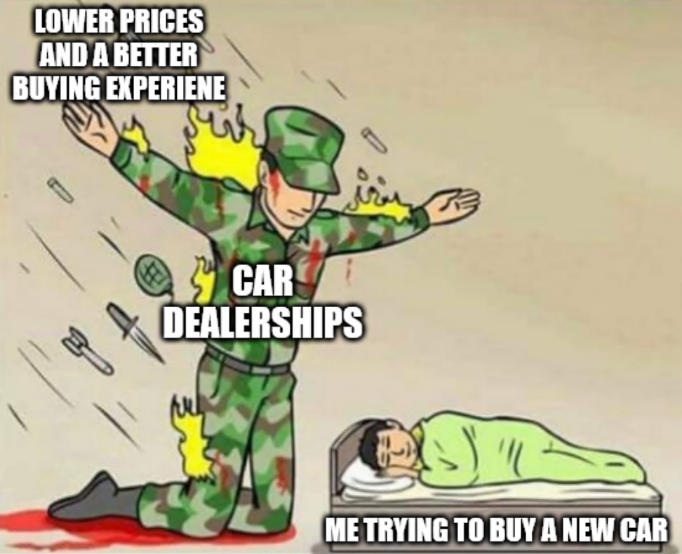 God forbid I be able to buy a car directly from the manufacturer like walking into an Apple store and buying a phone.