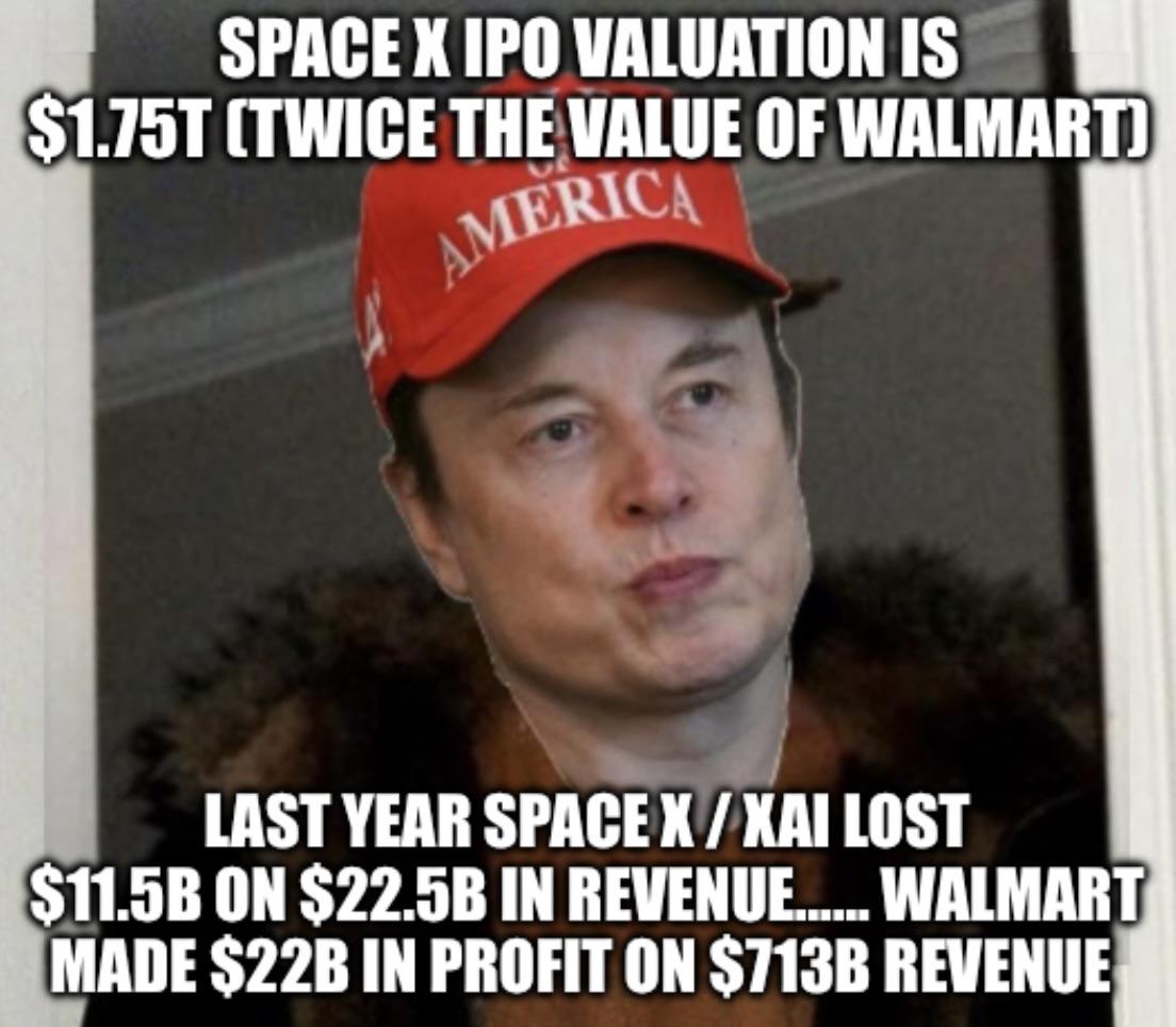 Space X IPO June 12 - Don’t give this douchebag your money. Don’t get rug-pulled. Don’t be exit liquidity for Musk, Private Equity, Morgan Stanley, and Goldman Sachs