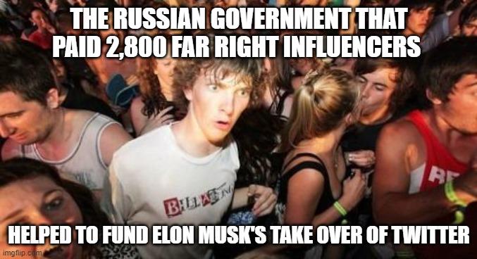 Sanctioned Russian Oligarchs funding Musk's take over of Twitter [Actually Happened] really explains his Full Throated Endorsement of Trump.