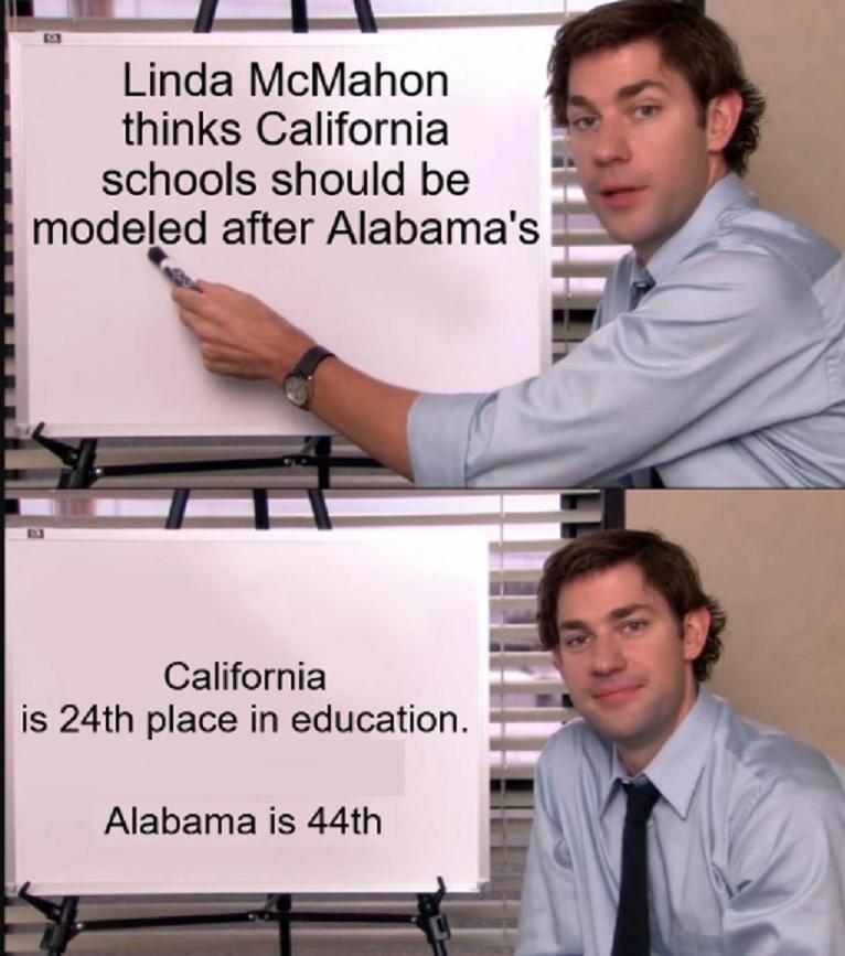 Dept of Education Secretary Linda McMahon: "California should model its educational standards after powerhouses like Alabama"