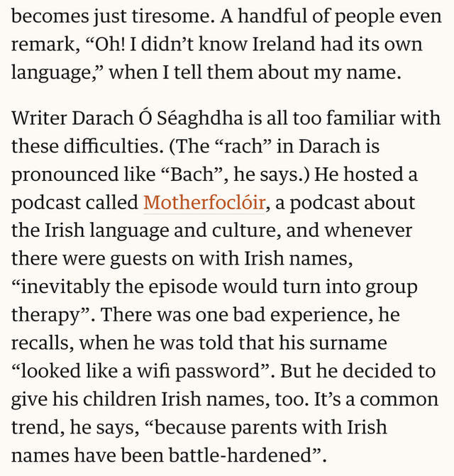 'Your surname looks like a WiFi password' - From a Guardian article about Irish names