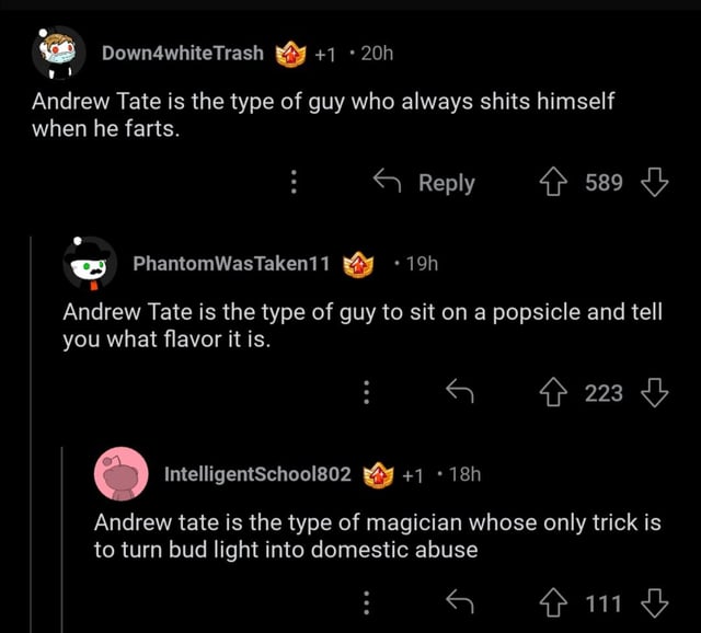 3 insults in one screenshot. (on a post about Andrew tate)