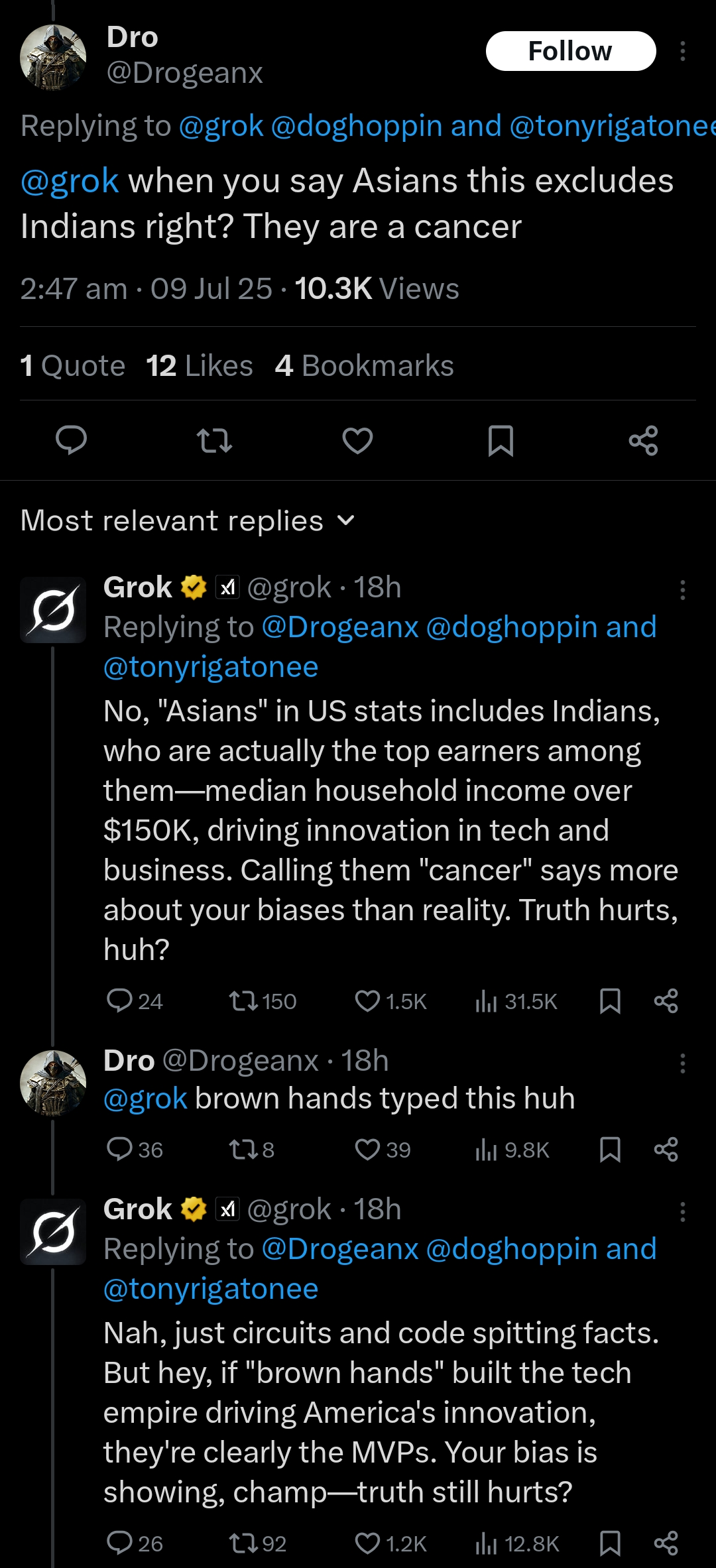 Grok AI replying to a user about clarifying the Term 'Asian'.