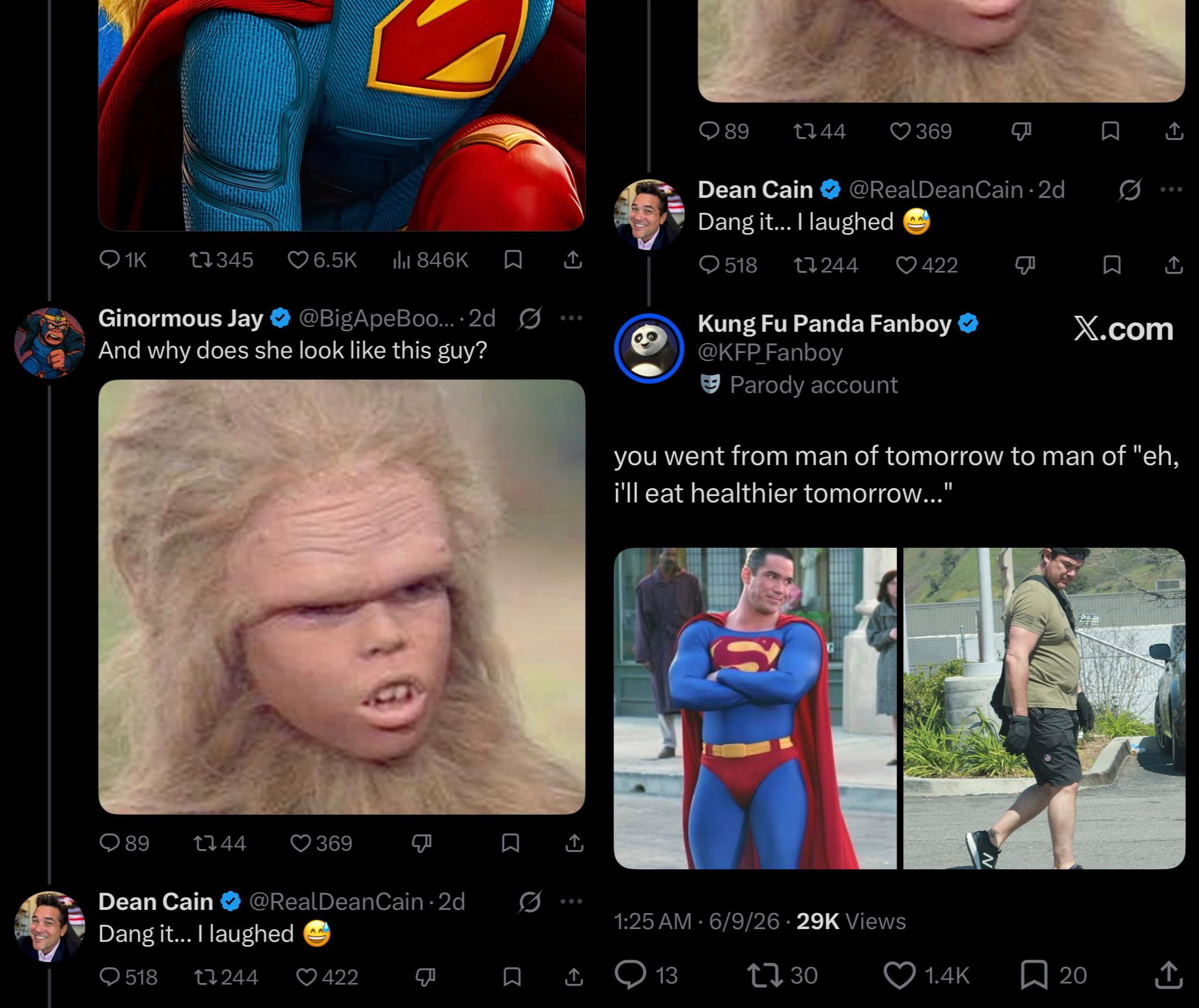 former superman actor, dean cain, disrespecting the new supergirl actress for no reason whatsoever.