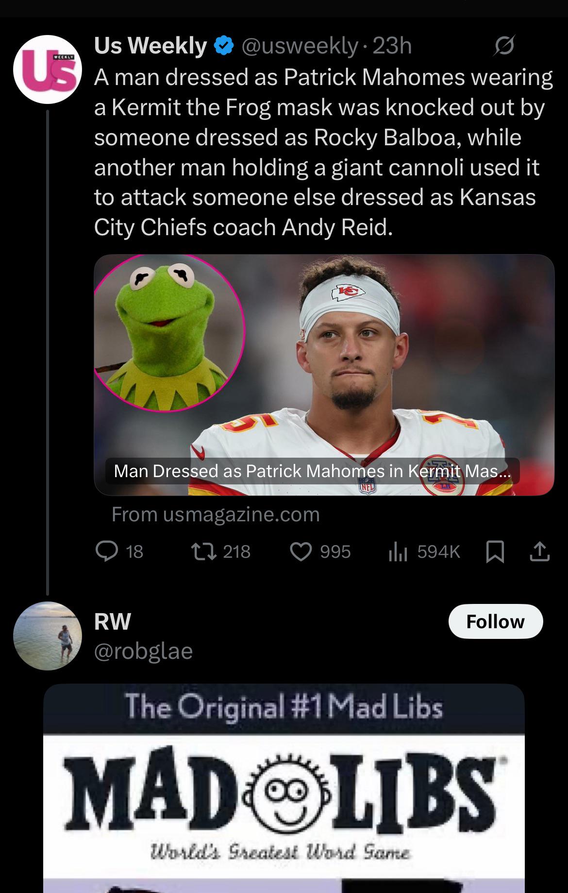 A man dressed as (male celebrity) wearing a (noun) mask was knocked out by someone dressed as (character), while another man holding a(n) (adjective) (noun) used it to attack someone else dressed as (adjective) (noun).