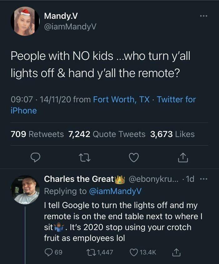 Someone with kid asked a question to people without kids