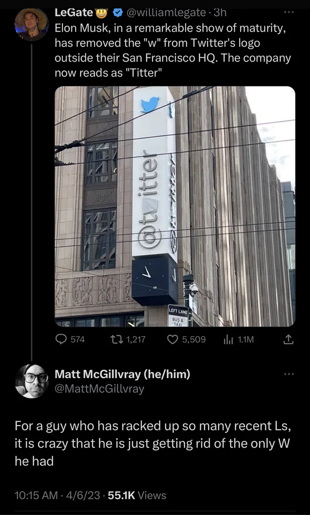 Elon removes the ‘W’ from the twitter sign...