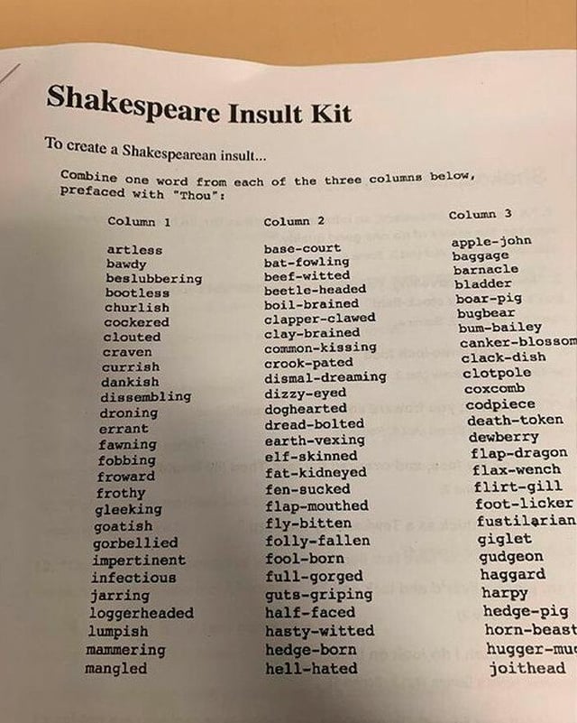 A Shakespearean insult generator for all you loggerheaded elf-skinned horn-beasts