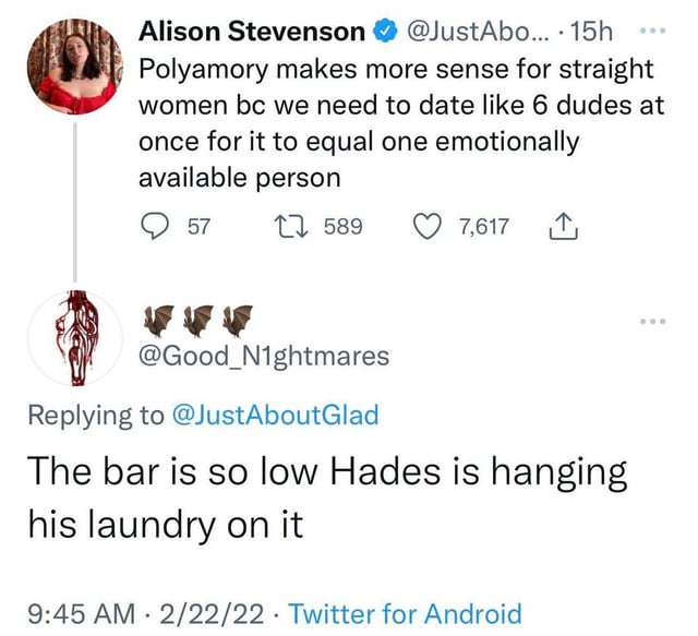 “The bar is so low Hades is hanging his laundry on it”