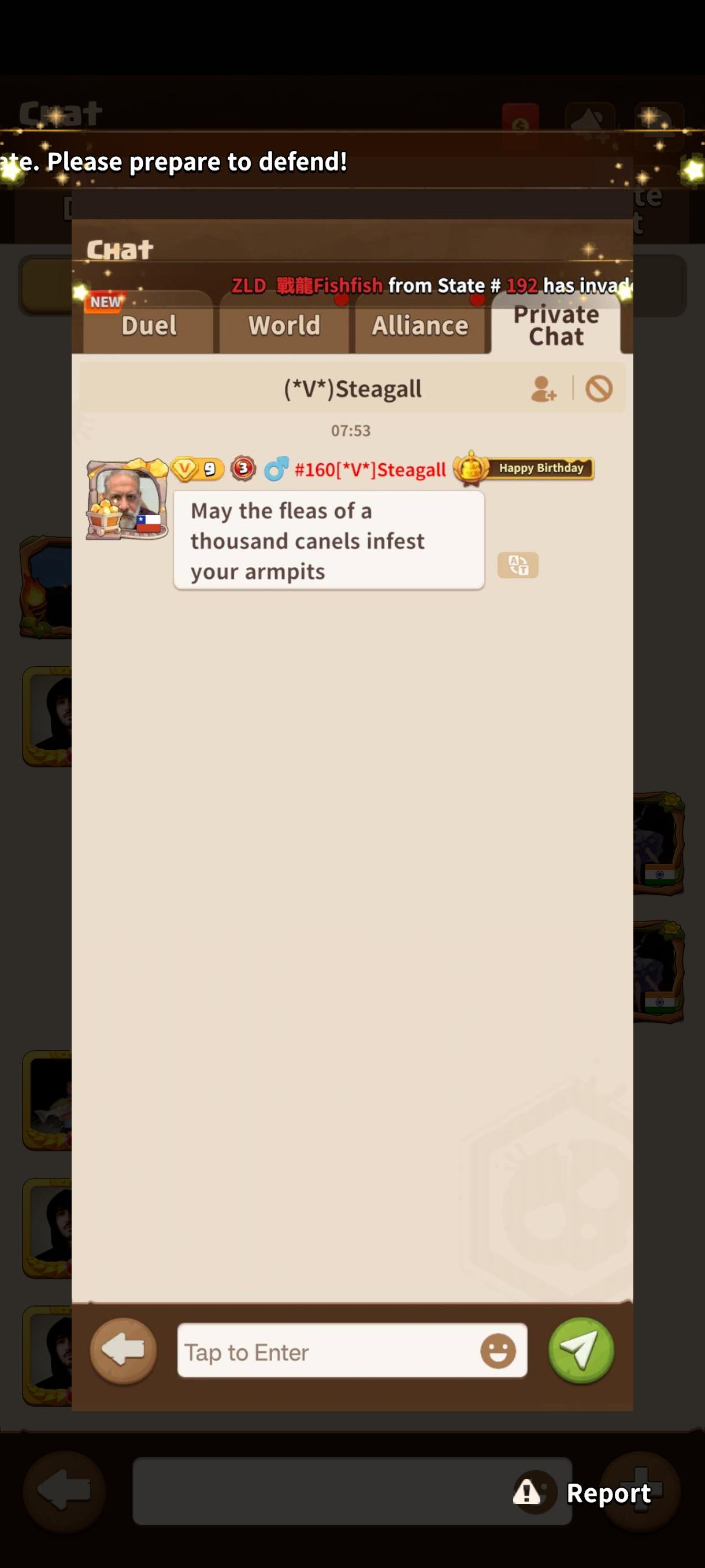 Sent after we destroyed his base during a PvP match