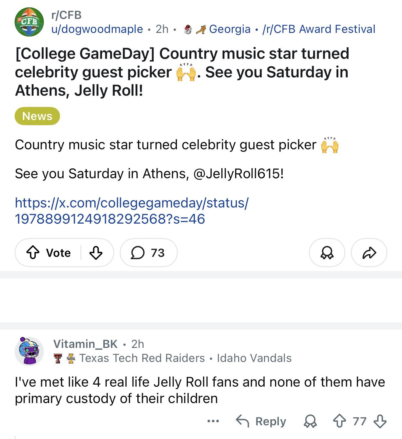 On a thread about Jelly Roll appearing on College GameDay