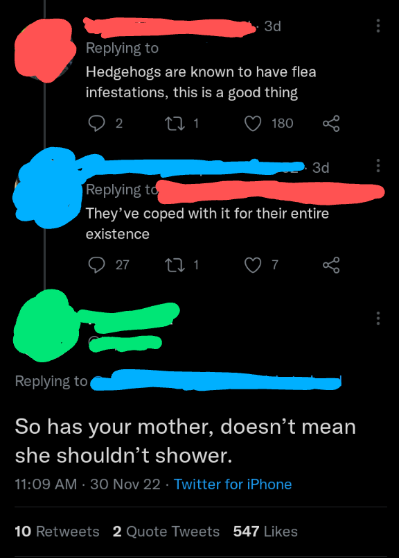 Under a post about bathing a hedgehog.