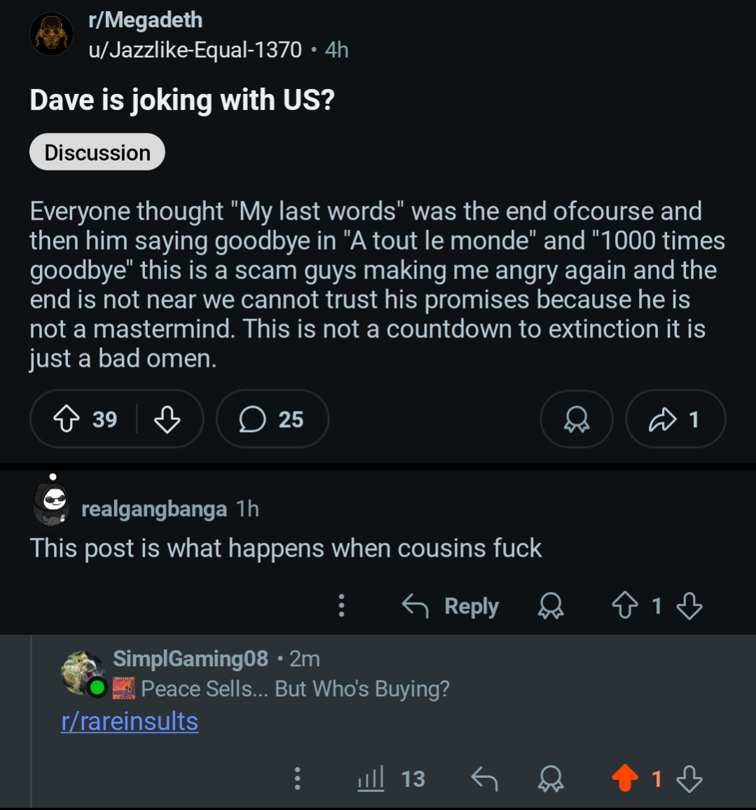 On the Megadeth subreddit after they announced their final album+tour