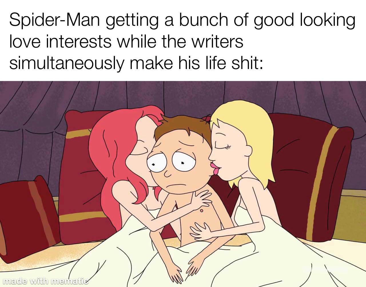 The most unrealistic thing isn’t that he can shoot webs. It’s that he gets that many girls falling for him.